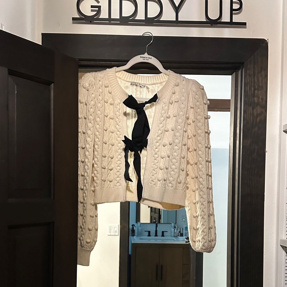 Alice + Olivia Cream Textured Cardigan with Black Bow